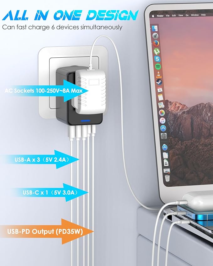 35W PD Universal Travel Adapter, 5 USB A/C Ports and 2500W AC Outlet, Fast Charging International Plug Converter Worldwide Travel Charger Multi Plugs All in One for EU US UK AUS 200+ Countries