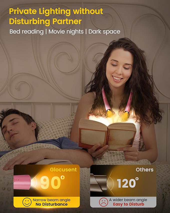 Glocusent Upgraded LED Neck Reading Light, Book Light for Reading in Bed, 30-min Timer, 3 Colors & 3 Brightness Adjustable, Rechargeable & Long Lasting, Perfect for Reading, Knitting