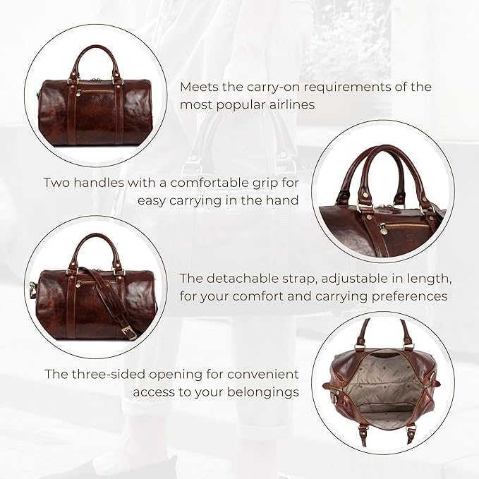 Full Grain Leather Small Duffel Bag Gym Bag Weekender Overnight Unisex Brown - Time Resistance