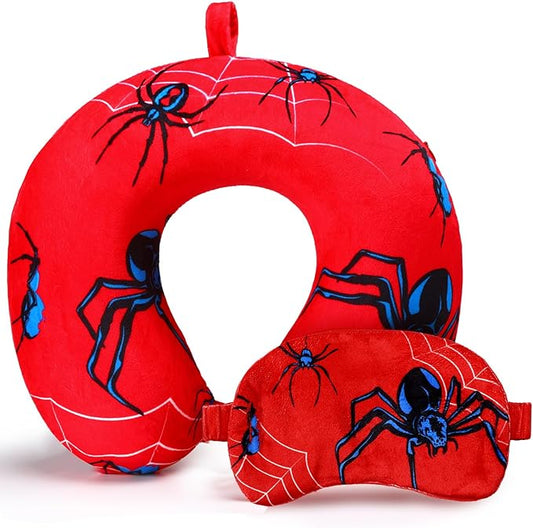 2 Pcs Spider Travel Pillow with Sleep Eye Mask, Cartoon U Shaped Memory Foam Neck Pillow with Washable Cover, Soft Comfortable Head Support Travel Accessories for Airplane Car Train Bus Trips