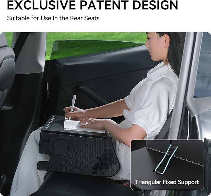 YONZEE Foldable Desk Food Tray (Carbon Edition) for Tesla Model Y Juniper Model 3 - Upgraded Table with Support Leg for Dining, in-Car Work, Travel and Outdoor (2 Pack)