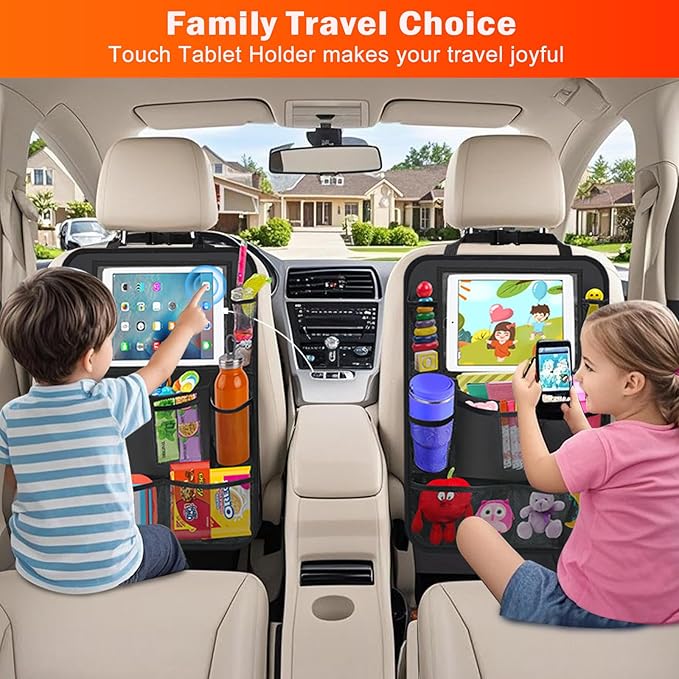 Car Backseat Organizer ，2 Pack Car Organizer Back Seat with 11" Tablet Holder, 10 Storage Pockets Seat Back Protectors Kick Mats for Kids Toddlers, Travel Accessories (Black)