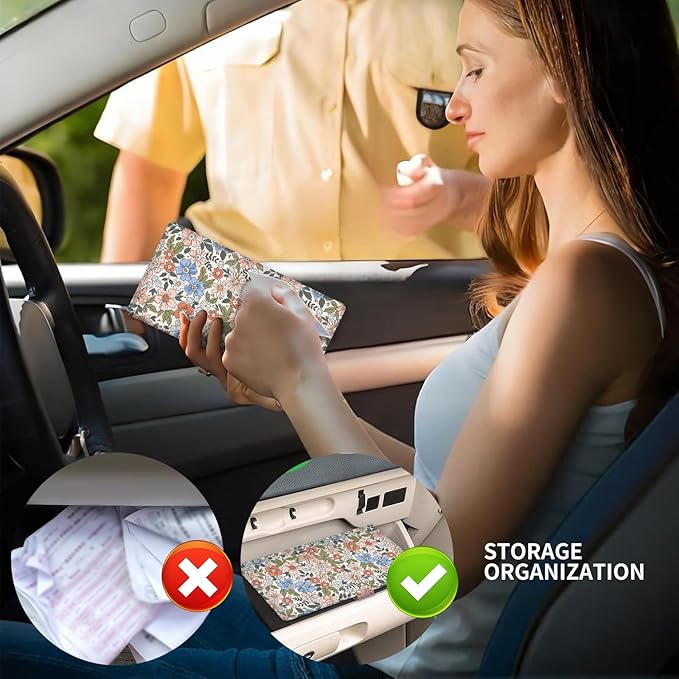 Leather Car Registration and Insurance Card Holder, Cute Car Accessories Vehicle Glove Box Car Organizer for Documents, Cards, License Vintage Colorful Floral