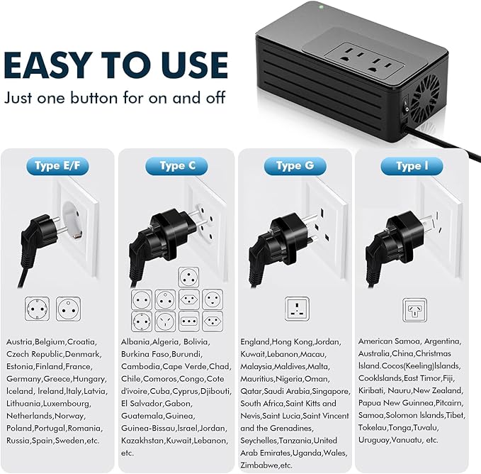 1600W Universal Travel Converter Step-Down 220V to 110V, Pure Sine Wave, for All American Appliances, Lightweight 2lbs