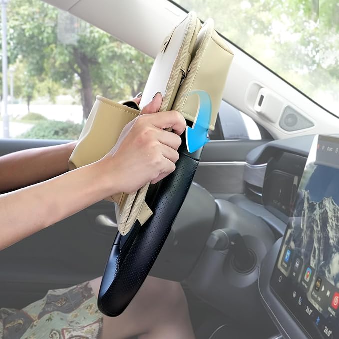 GMQ Backseat Car Organizer with Detachable Steering Wheel Tray 1 Pack,Car Back Seat Laptop Desk, Multifunctional Office Bag,Back Seat Car Storage & Tablet Holder for Kids (Beige)