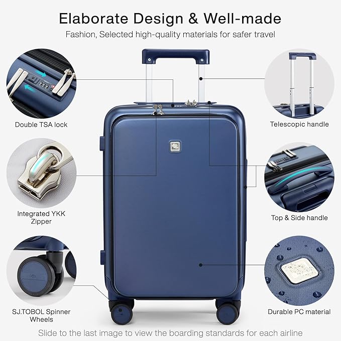 Hanke Grace Carry On Luggage with Wheels Airline Approved Hard Shell Suitcases with Front Pocket，Top Opening Luggage with TSA Lock for Short Business Travel，Dark Blue
