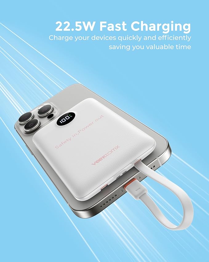 VEEKTOMX Portable Charger,10000mAh Power Bank with Built-in Cable and 22.5W Fast Charging,Travel Camping Essential,for iPhone 17/16/15/14,Samsung 25/24,and More