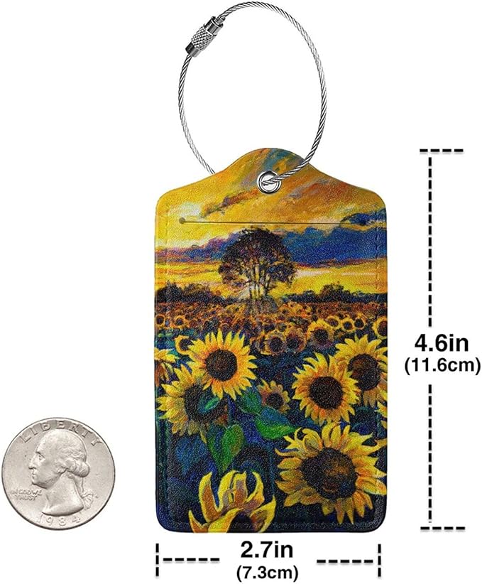 2-Pcs Beautiful Sunflower Leather Luggage Tags for Women Girls Suitcases, Art Yellow Floral Privacy Cover ID Label with Stainless Steel Loop and Address Card for Travel Bag Backpack