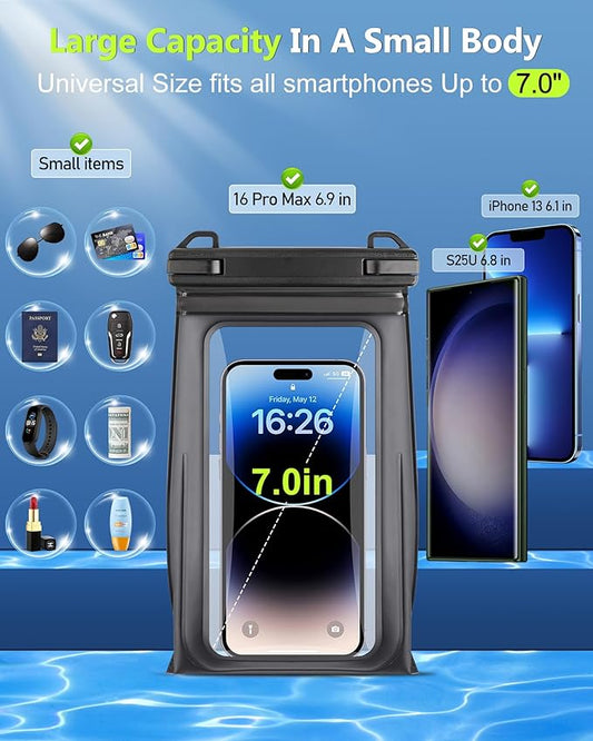 Waterproof Phone Pouch Floating, [Expandable Space] IPX8 Waterproof Dry Bag for iPhone 16 15 14 13 Pro Max Samsung S25 S24 S23 Google Up to 7.0" for Beach Boating Water Park Black