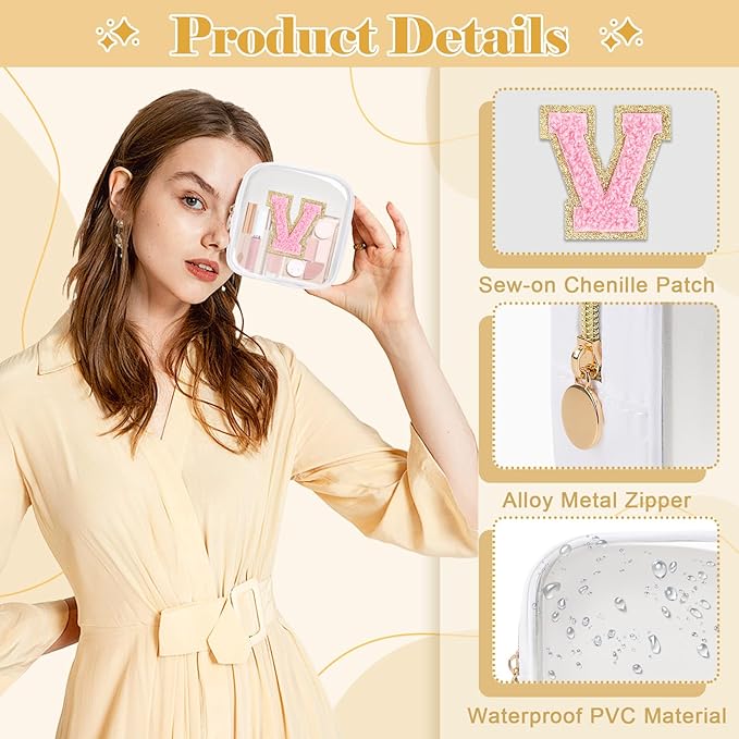 Personalized Initial Letter Clear Preppy Makeup Bag,Mini Nylon Chenille Letter Cosmetic Bag Cute Zipper Pouch Purse for Teen Girls,Portable TSA Approved Beach Travel Essentials Bag Gift for Women,V
