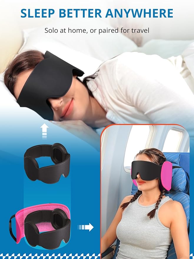 Travel Pillows for Airplanes, Upgraded Airplane Pillow with 3D Eye Mask and Ear Cover Design for Long Flight, 360° Support Sleep Head Hold, Plane Headrest for Sleeping, Stop Bobblehead, Pink
