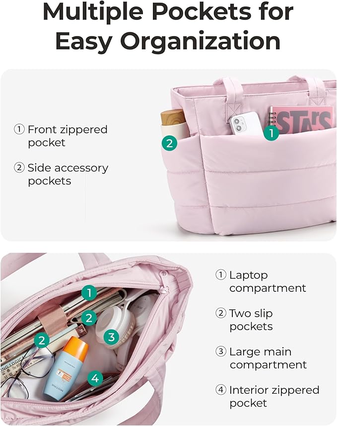 BAGSMART Tote Bag for Women, Lightweight Puffy Tote Bag with Compartments Shoulder Bag Handbag for Travel, Work, Gym