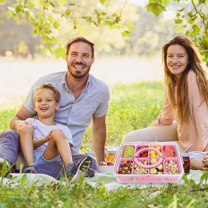 Divided Serving Tray with Lid and Handle, 8 Compartments Snack Box, Portable Platter for Candy Fruits Nuts, Snack Party Entertaining Picnic