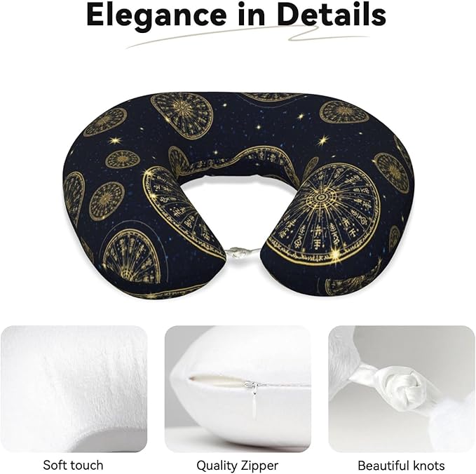 Travel Pillow Chin Neck Support, Comfortable Airplane Car Pillows for Rest, Memory Foam U Shaped Office Home Nap Sleeping Cushion Norse Gold Viking Vegvisir Runic Compass