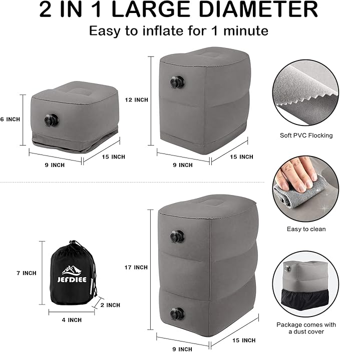 JefDiee Inflatable Foot Rest Pillow, Kids Airplane Bed, Adjustable 3 Layers Height Leg Rest Pillow, Airplane Travel Essentials Great for Office, Home, Trains, Cars