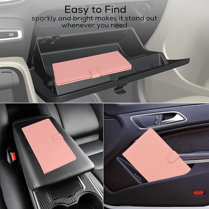 Car Registration and Insurance Holder, Leather Magnetic Shut Vehicle Glove Box Organizer for Document, Card, Driver License, Pink