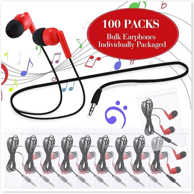 Kanayu 100 Pack Wired Earbuds Bulk for Classroom Ear Headphones Wired Basic Student Earbuds No Microphone with 3.5MM Jack for Class Laptop School Library, Individually Bagged (Red)