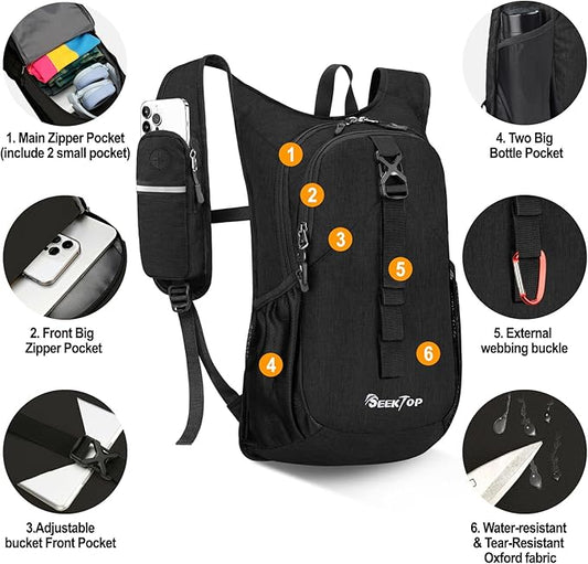 Seektop 15L Small Hiking Backpack for Women Men, Lightweight Hiking Packable Daypack with Phone Pocket for Travel Camping (Black, 15L)