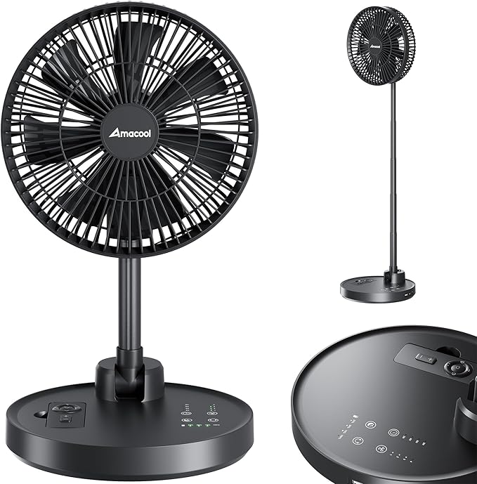 AMACOOL 10'' Foldable Oscillating Fan, 20000mAh Battery Operated with Remote & Timer, Height Adjustable Portable Standing Fan, Quiet USB Output for Camping RV Picnic Home Office Outdoor