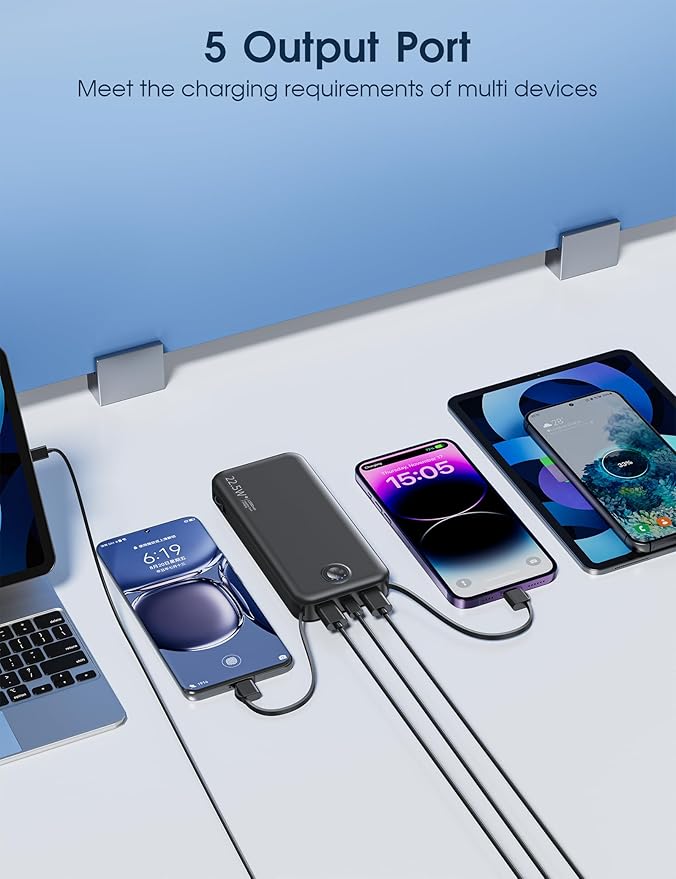 Portable Charger, 12000mAh 22.5W Fast Charging Power Bank with Built-in Cables & Wall Plug, Travel Essentials External Battery Pack, USB C Battery Phone Charger for iPhone, iPad, Samsung Black