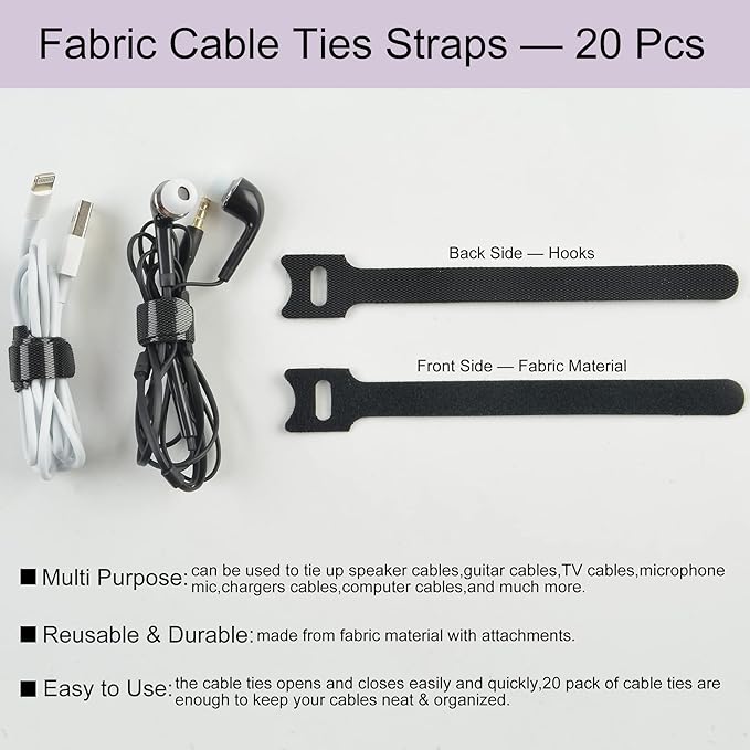 Electronics Organizer 7 Sections Clear Acrylic Cable Storage Bin Box Cord Holder with 20 PCS Reusable Fastening Fabric Cable Ties Straps Cord Wraps (7 Sections/with Cover)