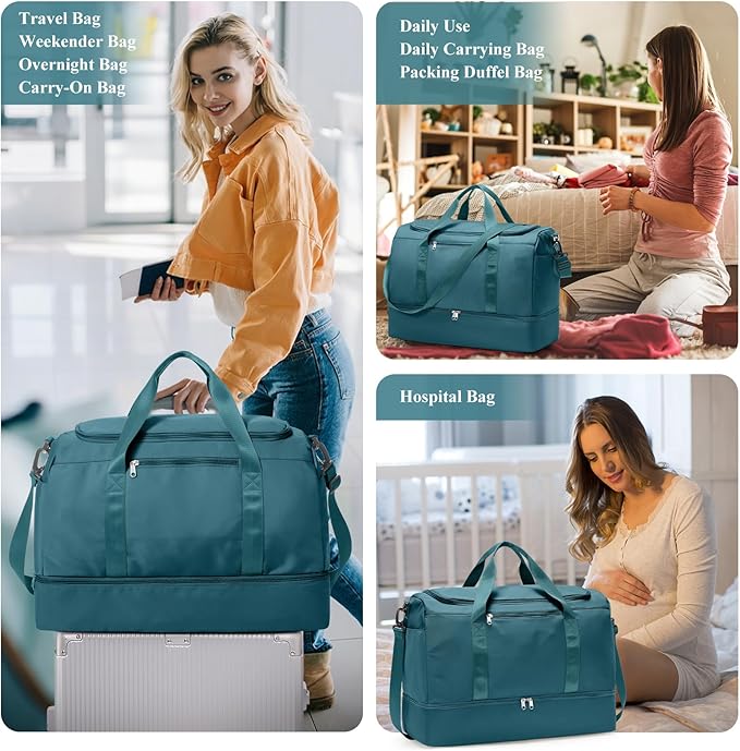 Extra Large Travel Duffle Bag,Carry on Overnight Weekend Bag with Shoes Compartment,Weekender Bags for Women for Travel Business Trips Sport Hospital,3 Pcs Set,Peacock Blue