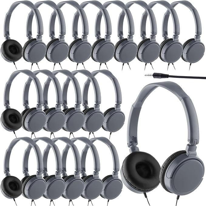 Yunsailing 18 Pack Classroom Headphones Bulk Student Wired Class Headphones Set for School with Individually Wrapped Adjustable Over Ear Head Earbuds (Gray)