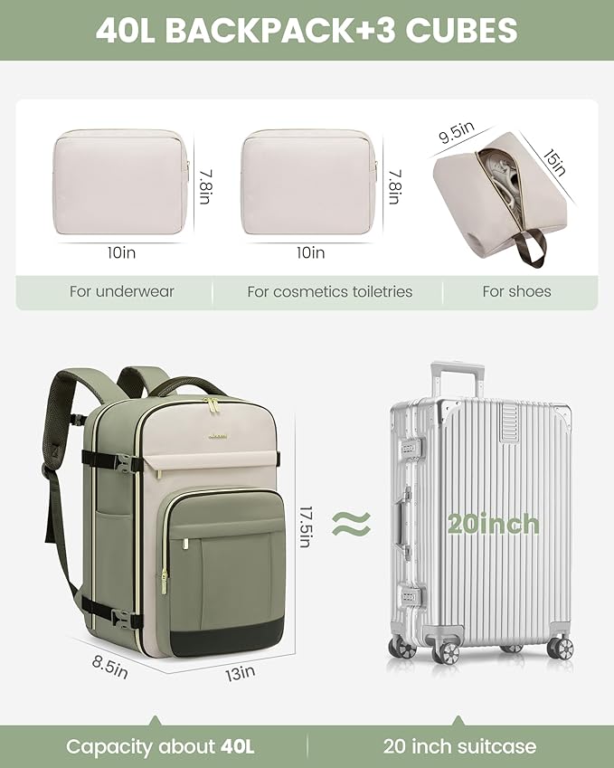 LOVEVOOK 40L Travel Backpack for Women & Men - 17.3 Inch Carry On Backpack & Personal Item Backpack for Airlines, Spacious and Durable Design, with 3 Packing Cubes