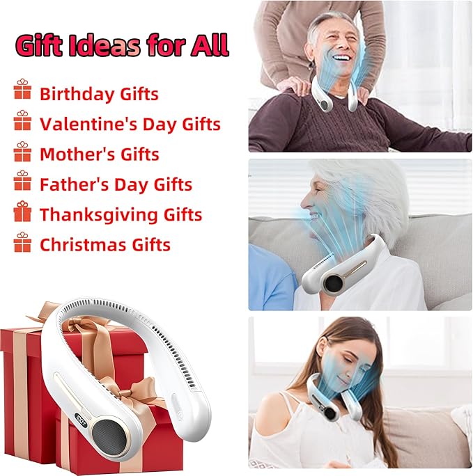 Portable Neck Fan,Hands Free Personal Wearable Bladeless Fan,6000mAh USB Rechargeable,360° Cooling,LED Display,4-Speeds,Birthday Gifts for Men Women Dad Mom,Stocking Stuffers Christmas Gifts (White)