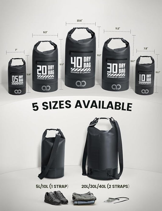 Lamicall Dry Bag Waterproof Backpack - [Zippered Pocket] 5L/10L/20L/30L/40L Roll Top Waterproof Bag with Water Proof Phone Pouch, Floatable Drybag for Swimming, Boating, Kayaking, Camping, Beach
