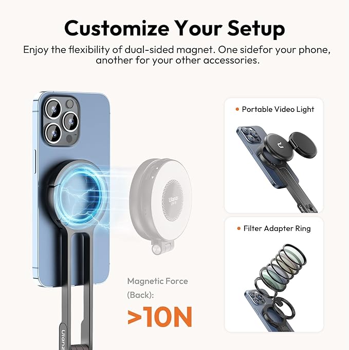 ULANZI MA30 Magnetic Phone Tripod Stand for iPhone-Aluminium Maglock Smartphone Mini Tripod Pocket Cell Phone Stand Strong Magnet Quick Mount Compatible with iPhone 17 16 15 14 13 12 Series, Dark Gray