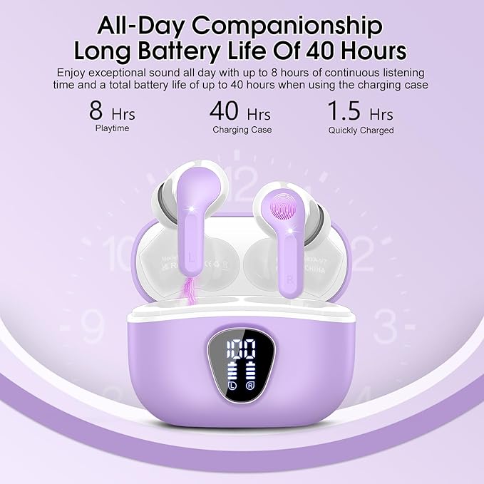 Wireless Earbuds, Bluetooth 5.4 Headphones HiFi Stereo, Bluetooth Earbuds with ENC Noise Cancelling Mic,IP7 Waterproof in Ear Earphones, 48H, LED Display Ear buds for Pad Phones Workout Sports, Purple