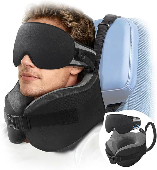 YFONG Travel Pillow for Long Flight Airplanes, Head Strap Combo with 3D Contoured Eye Mask for Sleep, Neck Pillow for Car Trip Essential, 360° Support Memory Foam Headrest, Prevent Head Bobbing, Black