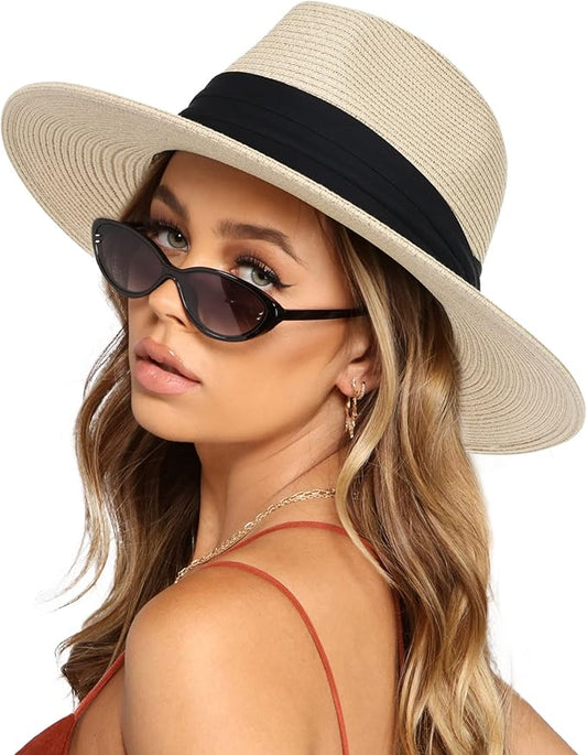 FURTALK Womens Mens Wide Brim Straw Panama Hat Fedora Summer Beach Sun Hats UPF Straw Hat for Women