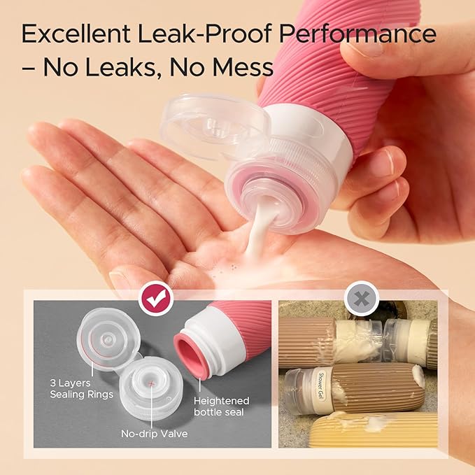 LitBear 23 Pack TSA Approved Travel Bottles for Toiletries, Leak Proof Refillable Travel Size Containers Kit with Silicone Squeezable Bottles Jars for Shampoo Lotion Conditioner, in Clear Bag, Pink