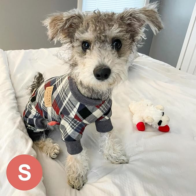 KYEESE Dog Pajamas Soft Plaid Pjs Comfy Doggie Jammies for Small Dogs Boy Girl Velvet Stretchy Dog Clothes Coat Pet Onesie, Grey, Small
