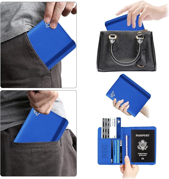 WALNEW Passport Holder for Travel, RFID Passport Cover Wallet for Women Men, PU Leather Passport Book Card Holder Case with Pen, Travelling Essentials for Flying