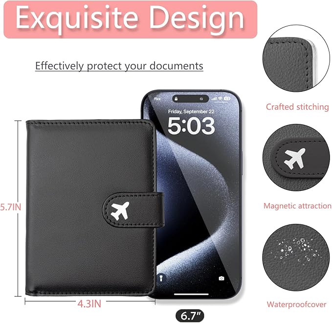 Passport Holder, Travel Wallet Cover with Pen Loop | Cute RFID Blocking Leather Case with Magnetic Closure for Travel Essentials-Black