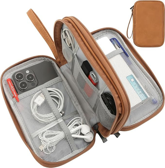Travel Cable Organizer Pouch Electronic Accessories Carry Case Water Resistant Accessories Organizer Pouch Bag for Cable, Cord, Charger, USB, Phone, Power Bank, Earphone (Brown, Medium)