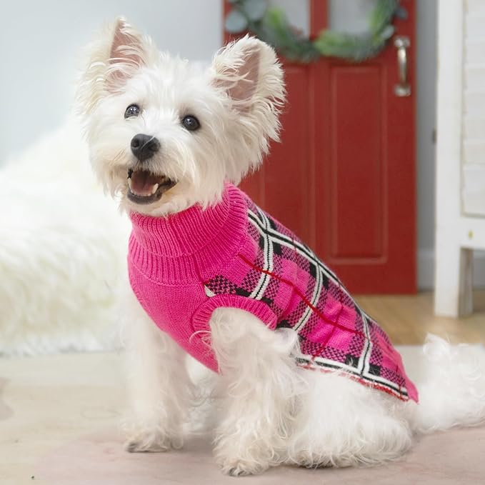 PUPTECK Dog Sweaters for Large Medium Small Dogs - Fall Classic Plaid Style Puppy Holiday Winter Coat Clothes Warm, Fuschia, S