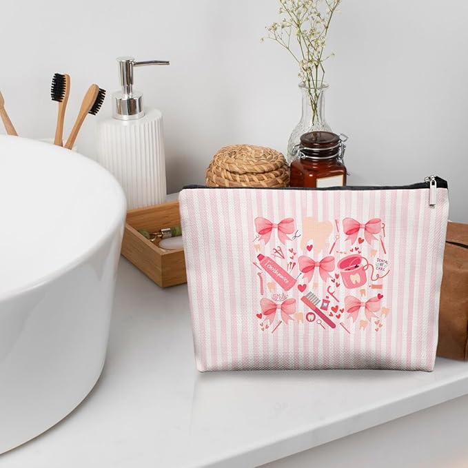 Dental Care Coquette Makeup Bag, Pink Bow Toothbrush Toothpaste Cosmetic Pouch for Dentist, Dental Assistant, Orthodontist, Hygienist
