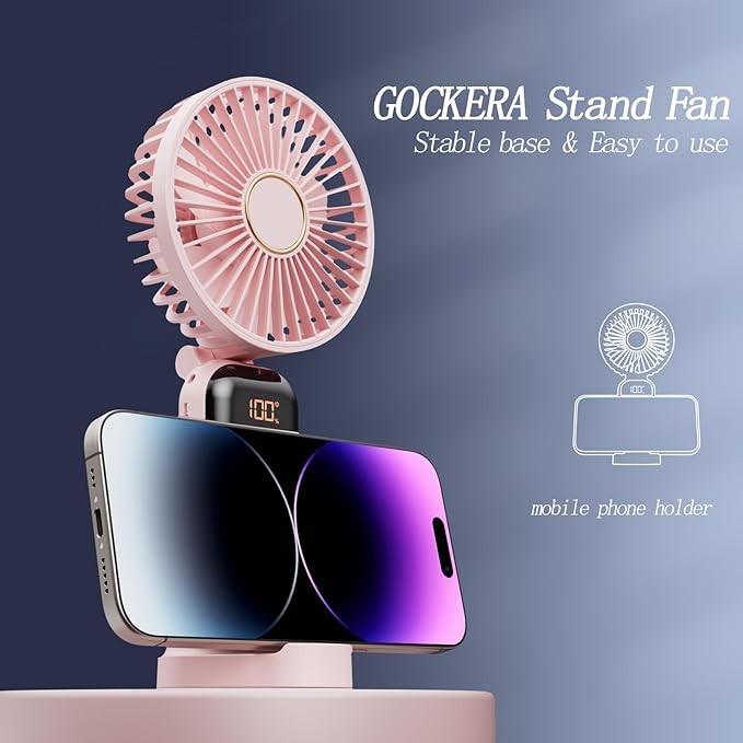 Portable Fan, 4200mAh Battery Operated Fan, 5 Speeds&Digital Display, Makeup Fans for Women with Base, 180°Foldable 3in1 Handheld/Neck/Desk Fan for Outdoor Indoor,Ultra Quiet (Pink)