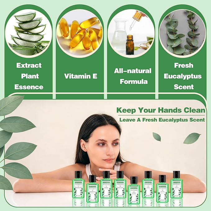 Frienda 24 Pcs Mini Hand Sanitizers Bulk Travel Size Eucalyptus Scented Hand Sanitizers 1 Fl oz Pocket Sanitizing Moisturizes for Guest Christmas Stocking Stuffers Nurse Coworker Teacher Office Gifts