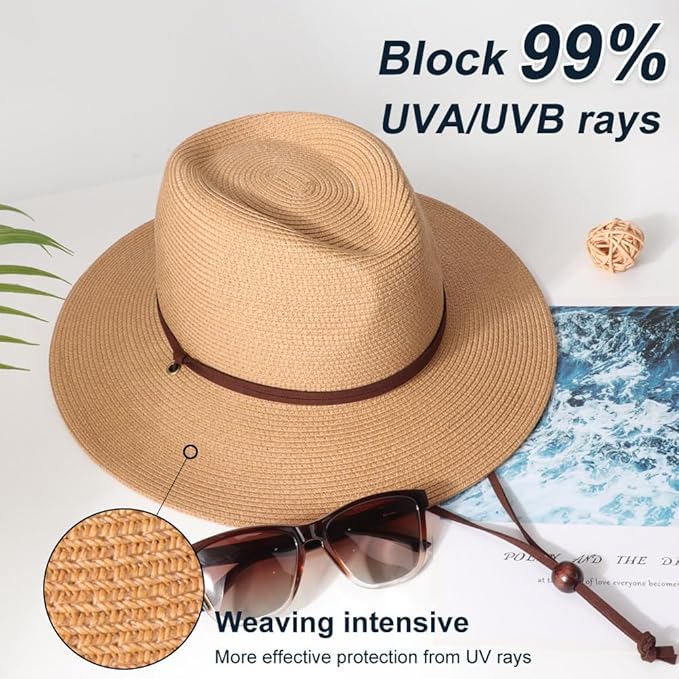 DRESHOW Women Straw Panama Hat Travel Fedora Beach Sun Hat Summer Wide Brim Straw Roll up Hat UPF 50+