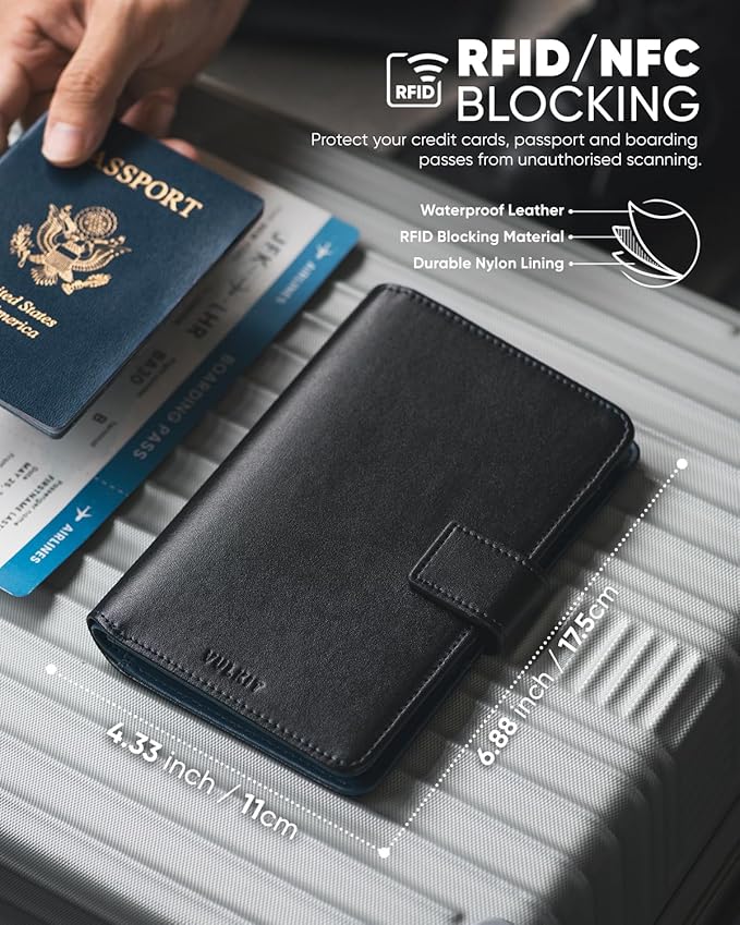 VULKIT Passport Holder with Airtag Holder RFID Blocking Passport Wallet Travel Leather Passport for Women(Black Navy)