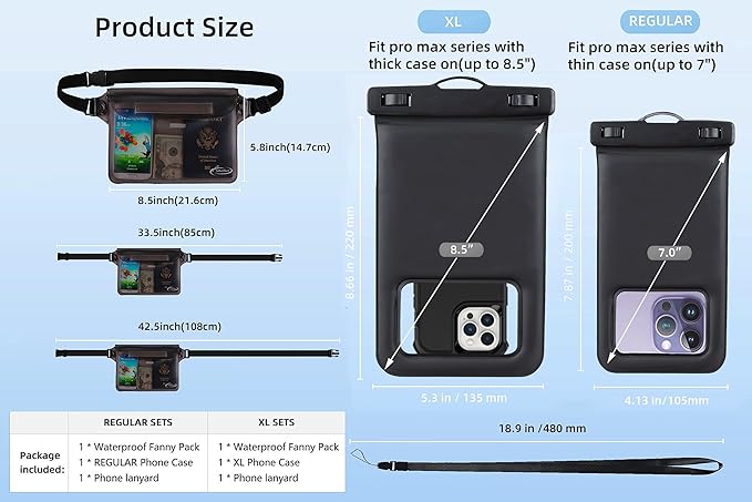 AiRunTech Waterproof Fanny Pack,Waterproof Phone Pouch for iPhone16 15 14 13 12 11 Pro Max,IPX8 Dry Bag for Snorkeling Beach Cruise Kayaking Pool Swimming(Phone Case + Waist Bag 2-Piece Set)