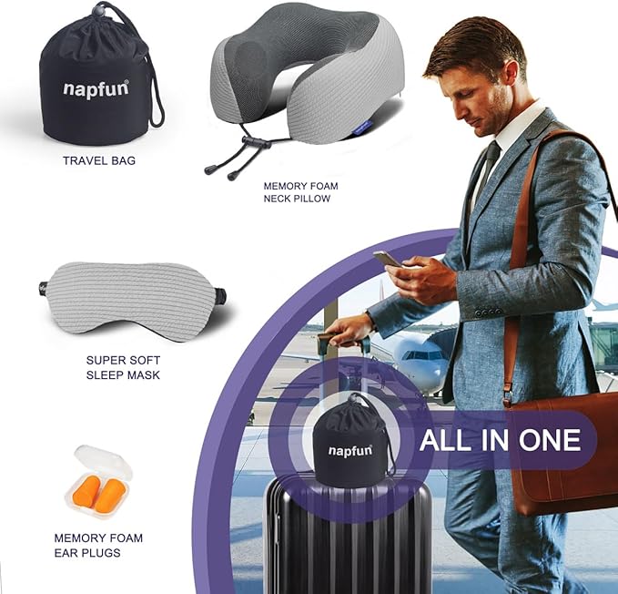 napfun Neck Pillow for Traveling, Upgraded Travel Neck Pillow for Airplane 100% Pure Memory Foam Travel Pillow for Flight Headrest Sleep, Portable Plane Accessories, Striped Light Grey Set