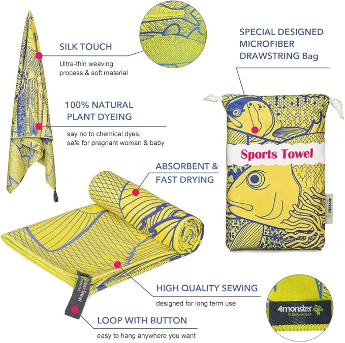 4Monster Microfiber Beach Towel Quick Dry,Super Absorbent Lightweight Travel Towel for Swimmers, Sand Free Camping Towel, Beach Towels for Pool,Swim,Water Sports,Yoga