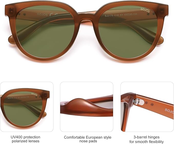 SOJOS Trendy Cat Eye Round Polarized Sunglasses for Women Fashion UV Protection Sunnies Sunglasses SJ2175