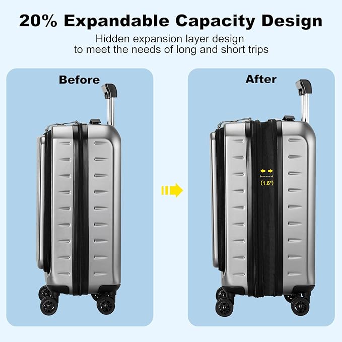 Expandable Carry On Luggage Airline Approved, 20 Inch Lightweight ABS+PC Hard Shell Suitcases with Front Pocket, Spinner Wheels, TSA Lock (Dark Gray, 1PC)